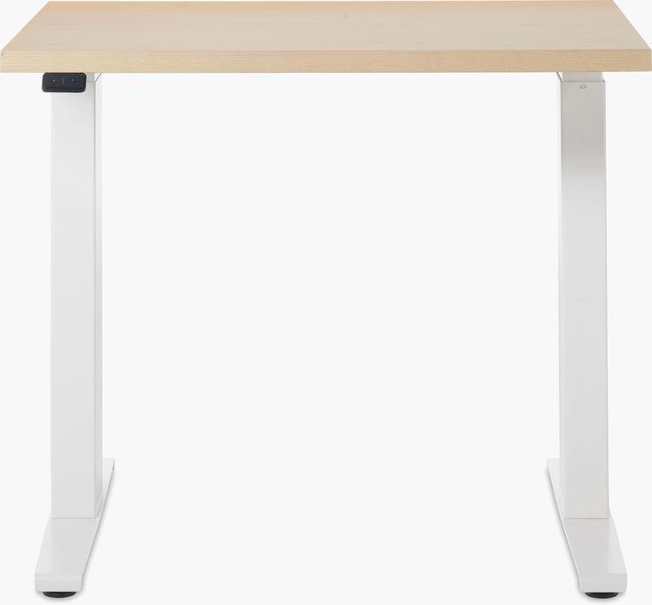 a white desk with a wooden top and metal legs in front of a white background