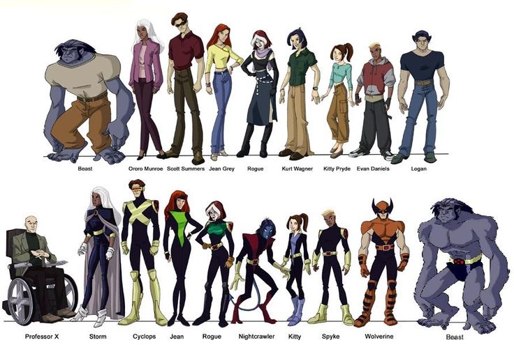 some cartoon characters are standing together in different poses and colors, all with their names on them