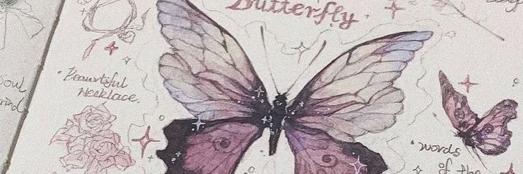 a drawing of a purple butterfly with writing on it's wings and other drawings