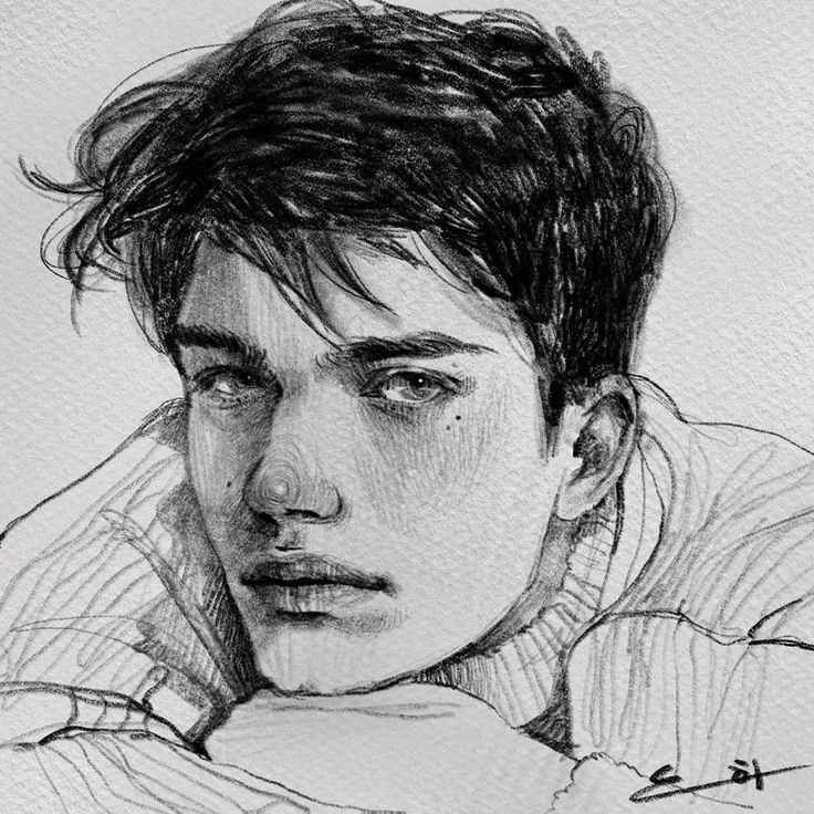 a black and white drawing of a young man