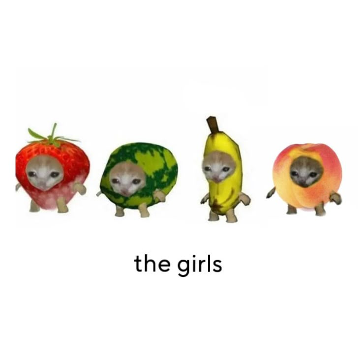 four small animals in fruit costumes with the words, the girls