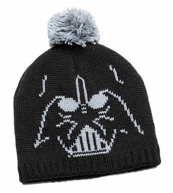 a knitted hat with a darth vader face on it and a grey pom - pom