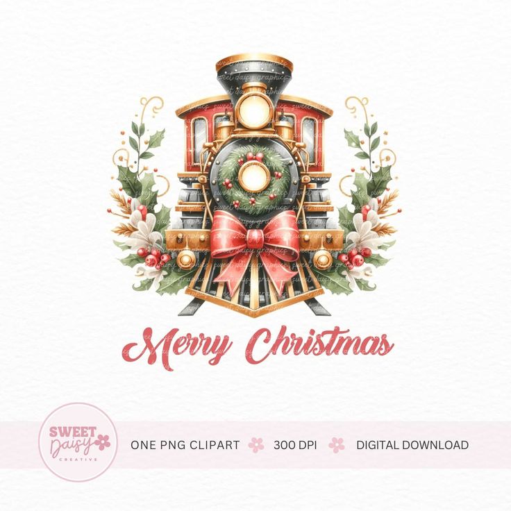 a christmas card with a train and wreath