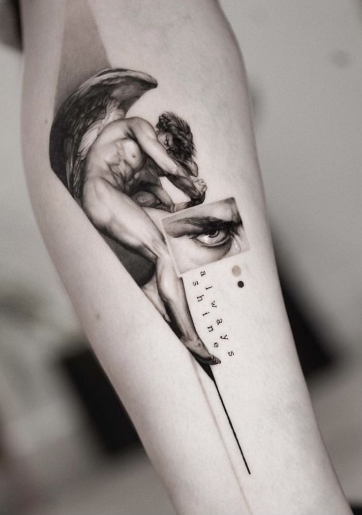 black and white photo of a tattoo on the leg of a person holding a knife