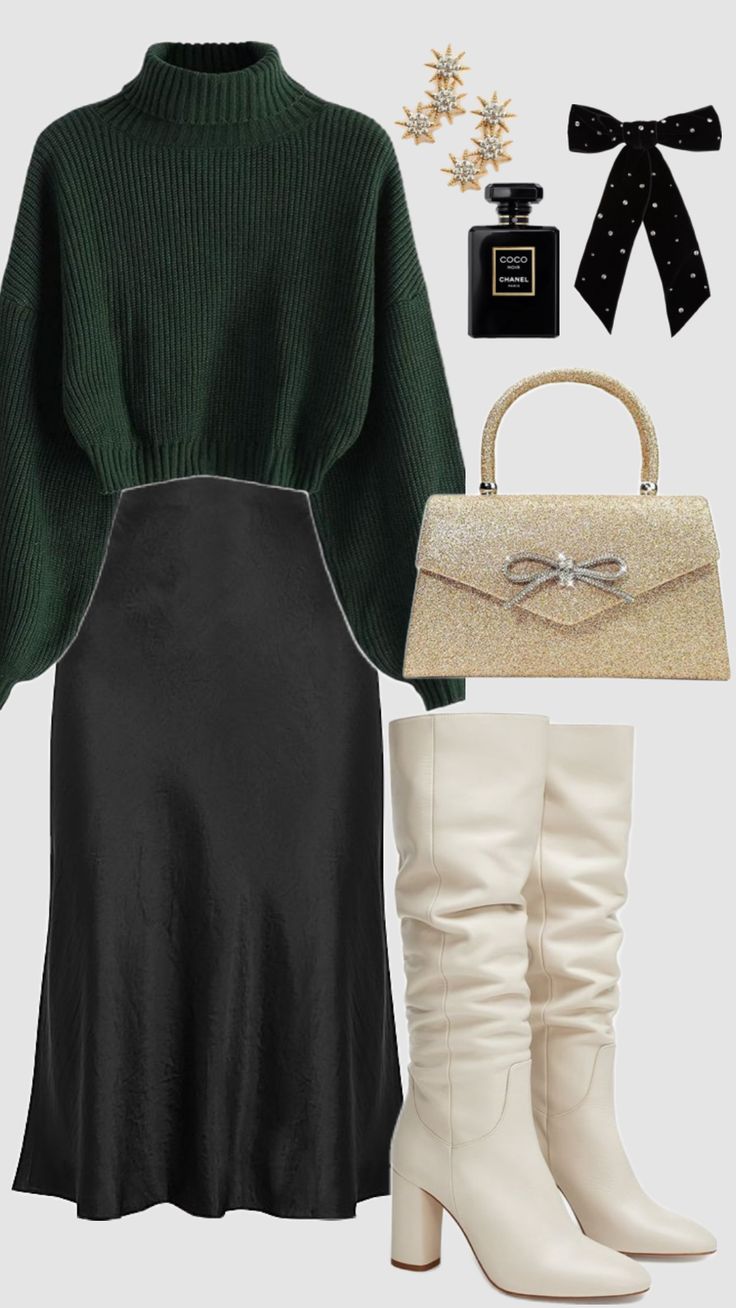 #holiday #outfitinspo #skirt #winteroutfit #churchoutfit #modestfashion #christmas #darkgreen #outfit #christiangirl #glam #gold #sweater Winter Church Outfit, Modest Winter Outfits, Church Outfit, Modesty Outfits, Sweet Clothes, Cute Modest Outfits, Clueless Outfits, Classy Prom Dresses, Gold Sweater