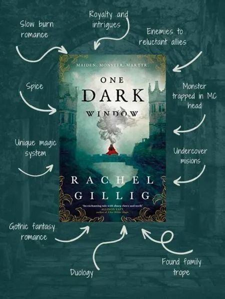 the book cover for one dark window by rachel guillig, with arrows pointing to it