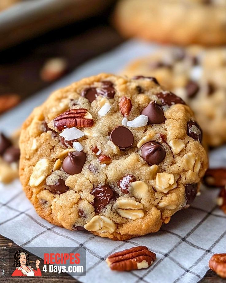 two cookies with chocolate chips and pecans on top