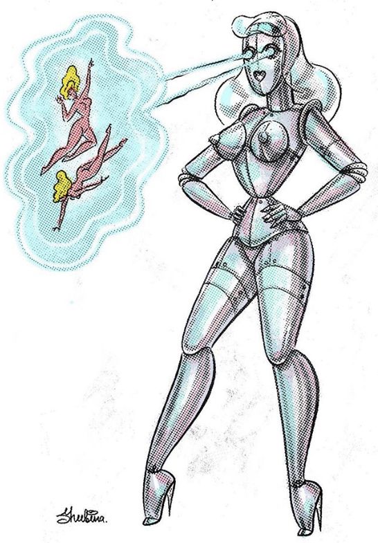 a drawing of a woman in futuristic garb and heels with her hand on her hip