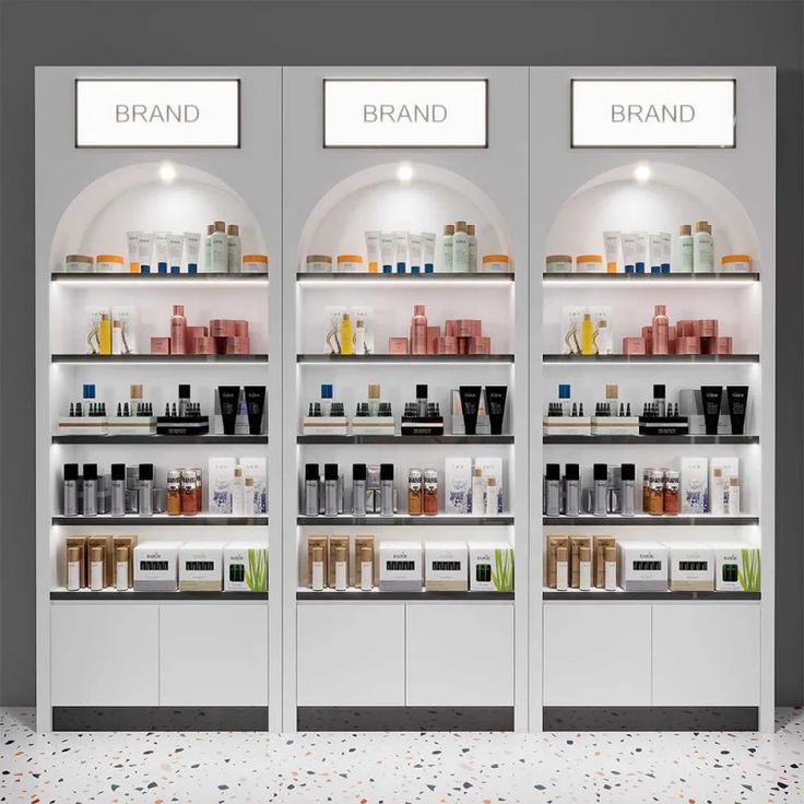 three shelves with different types of products on them and the words brand, brand, product