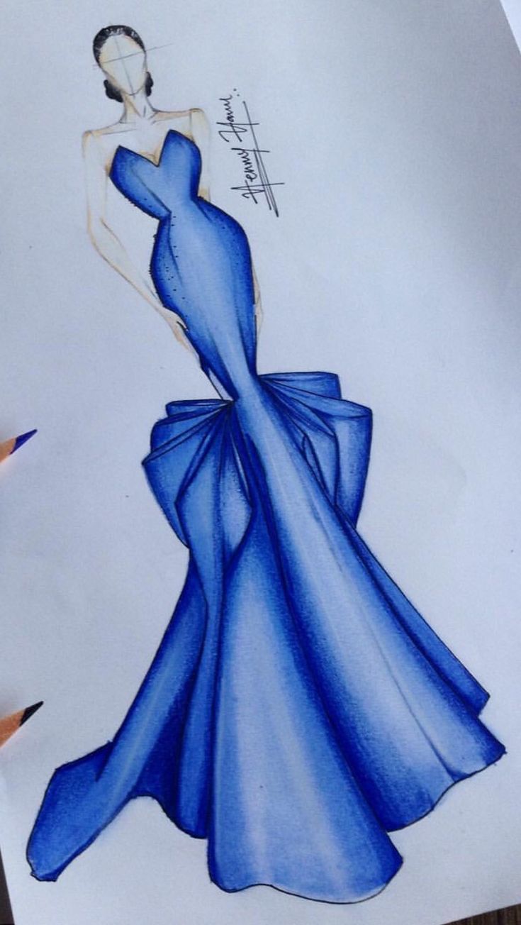 a drawing of a woman in a blue dress