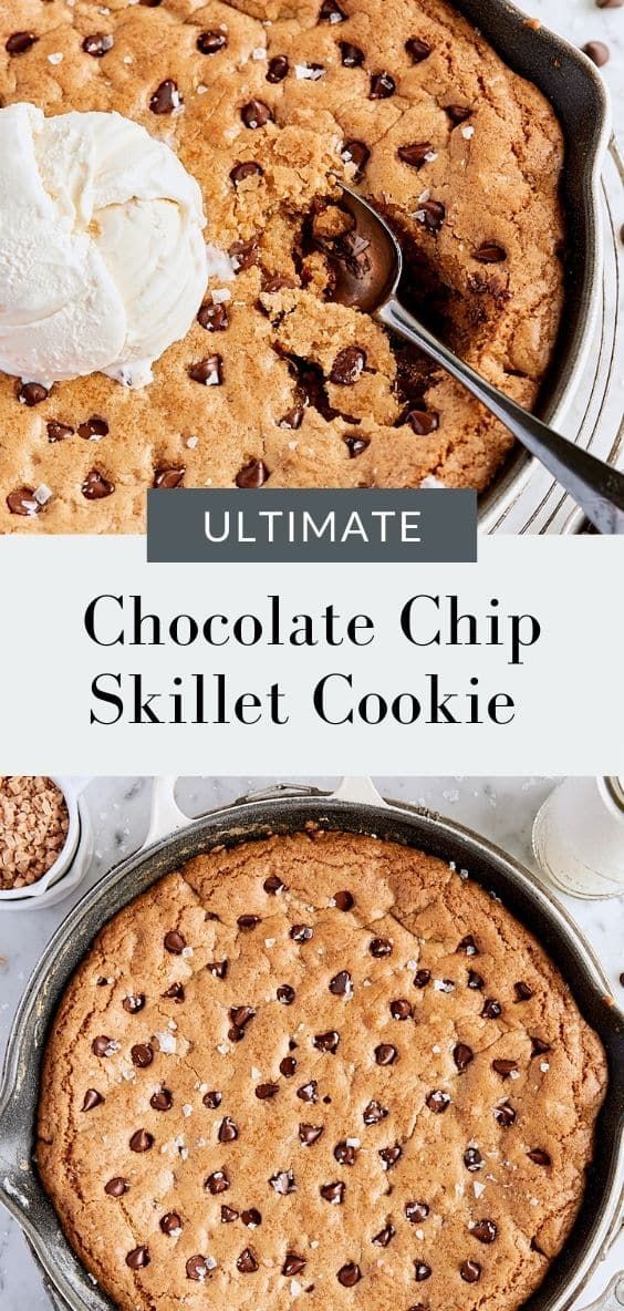 the ultimate chocolate chip skillet cookie is ready to be eaten with ice cream on top