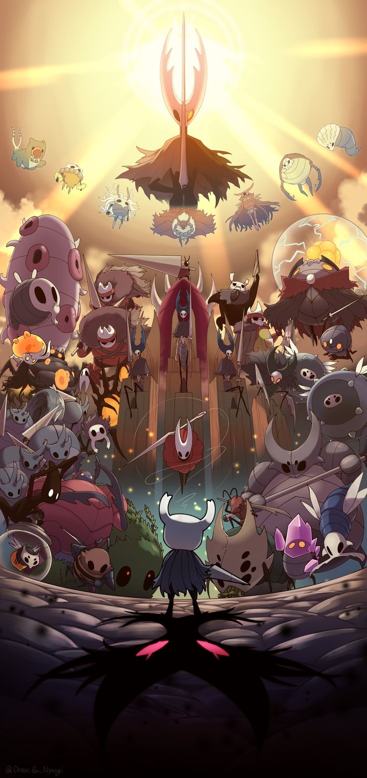 the poster for hollow knight is shown in front of an image of many different animals