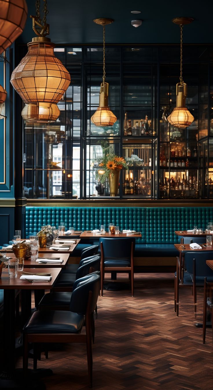 an empty restaurant with blue walls and wooden tables in front of the counter, along with hanging lights