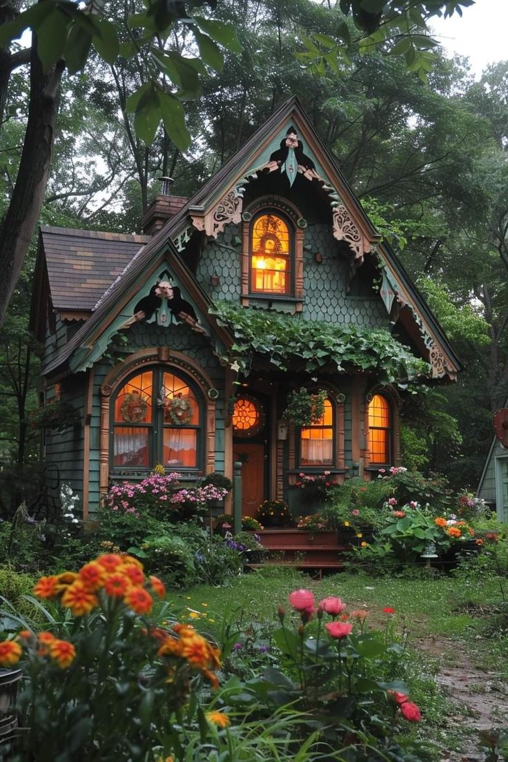 a small house with lots of flowers around it