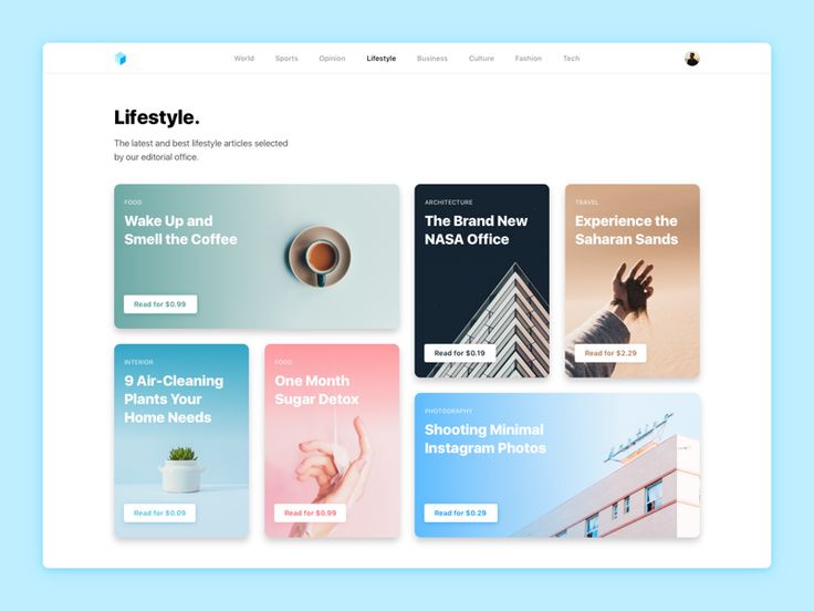 the homepage for lifestyle is displayed on a blue background with images and text