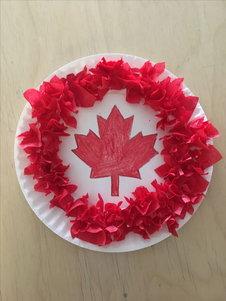 a paper plate decorated with red ruffles and a canadian maple leaf on it