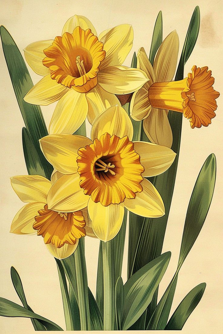 a painting of yellow daffodils with green leaves