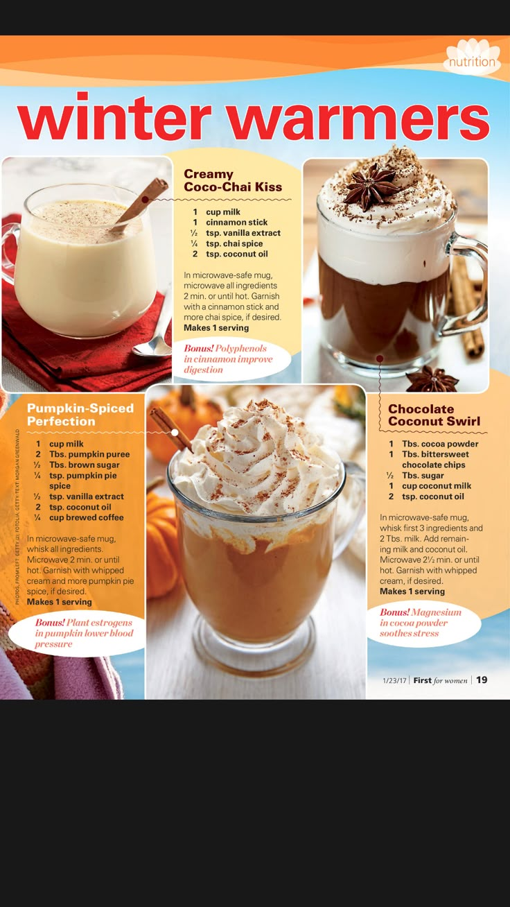 the menu for winter warmers is shown with pictures of hot drinks and desserts