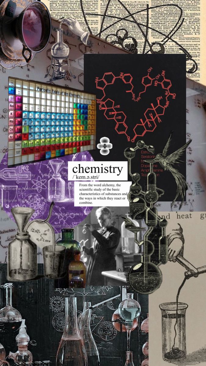 a collage of science related images including beakles, flasks and other items