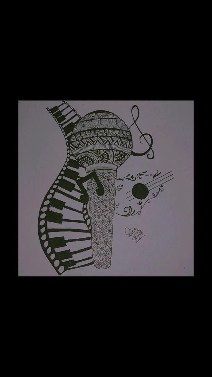 a black and white drawing of a musical instrument with music notes coming out of it