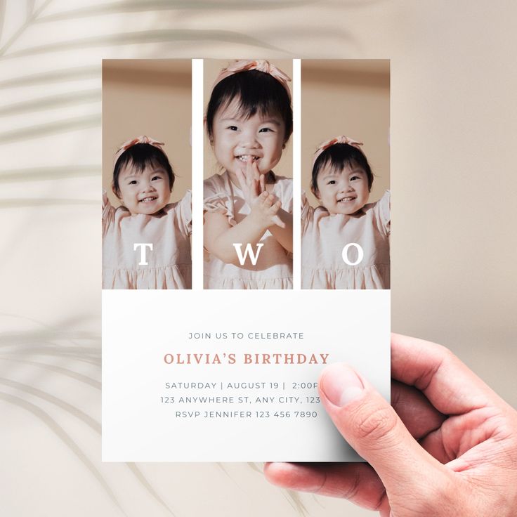 a person holding up a birthday card with two photos on the front and back of it