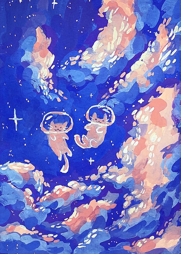 an artistic painting of two angels floating in the sky with stars and clouds around them