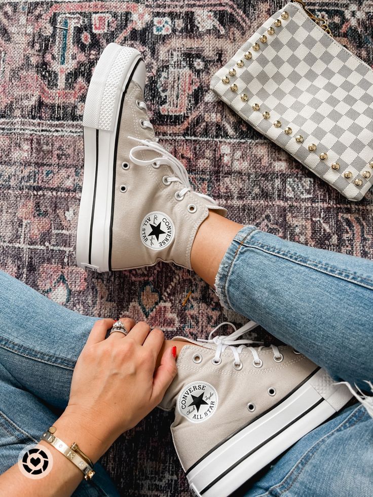 Women Converse Shoes, Neutral Converse Outfit, Taupe Converse Outfit, Cute Neutral Shoes, Women’s Converse, Platform Converse High Tops Outfit, Tan Platform Converse, Fall 2023 Shoe Trends, Shoes For Fall 2022