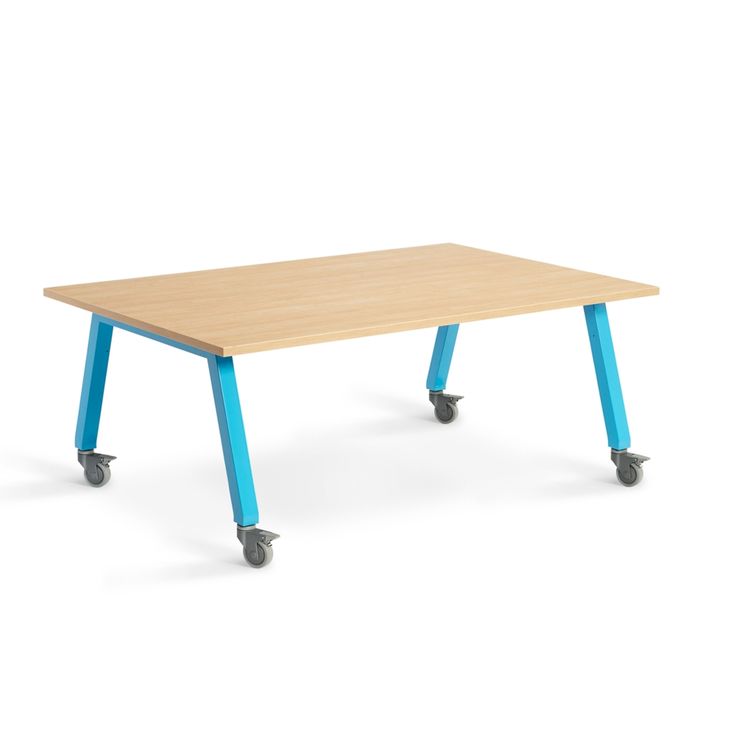 a wooden table with wheels on the bottom and blue legs, against a white background