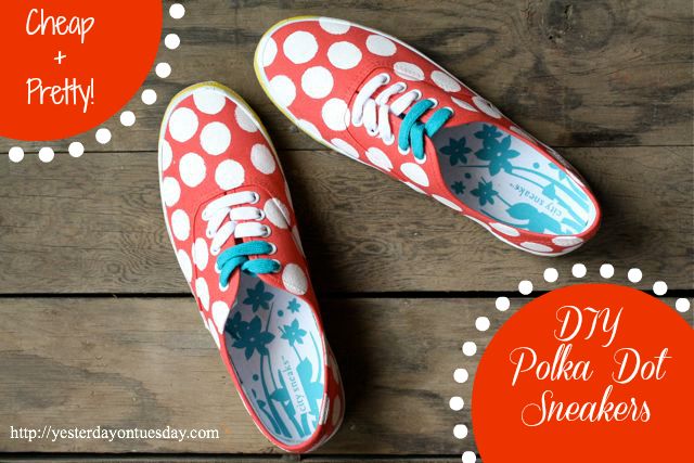 red polka dot shoes with white dots on them and the words cheap pretty diy polka dot sneakers