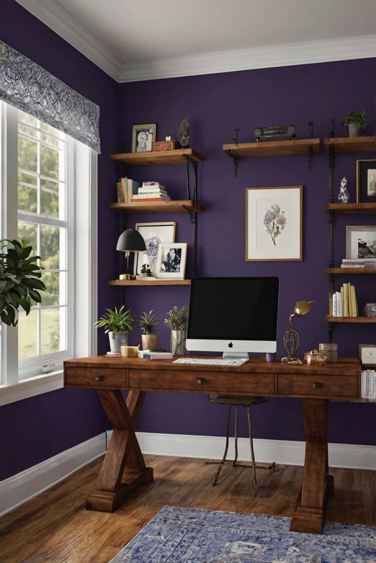 home office design, home office decor, home office furniture, home office organization Purple Interior Design Office, Purple Accent Wall Office, Home Office Purple, Lavender Office Ideas, Purple Home Office Ideas, Dark Purple Office, Light Purple Rooms, Purple House Interior Ideas, Purple Walls Living Room