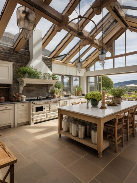 a large kitchen with an island in the middle and lots of windows on the ceiling