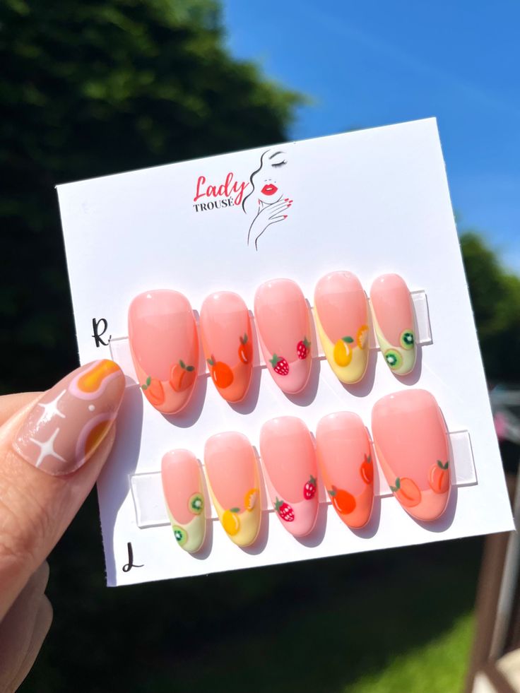 Kiwi Nail Design, Nail Packaging Design, Nails Fruit Design, Nails Pastel French Tips, French Tips Pastel, French Tip Pastel, Summer Nails Fruit, Pastel French Tips, Nails Strawberry