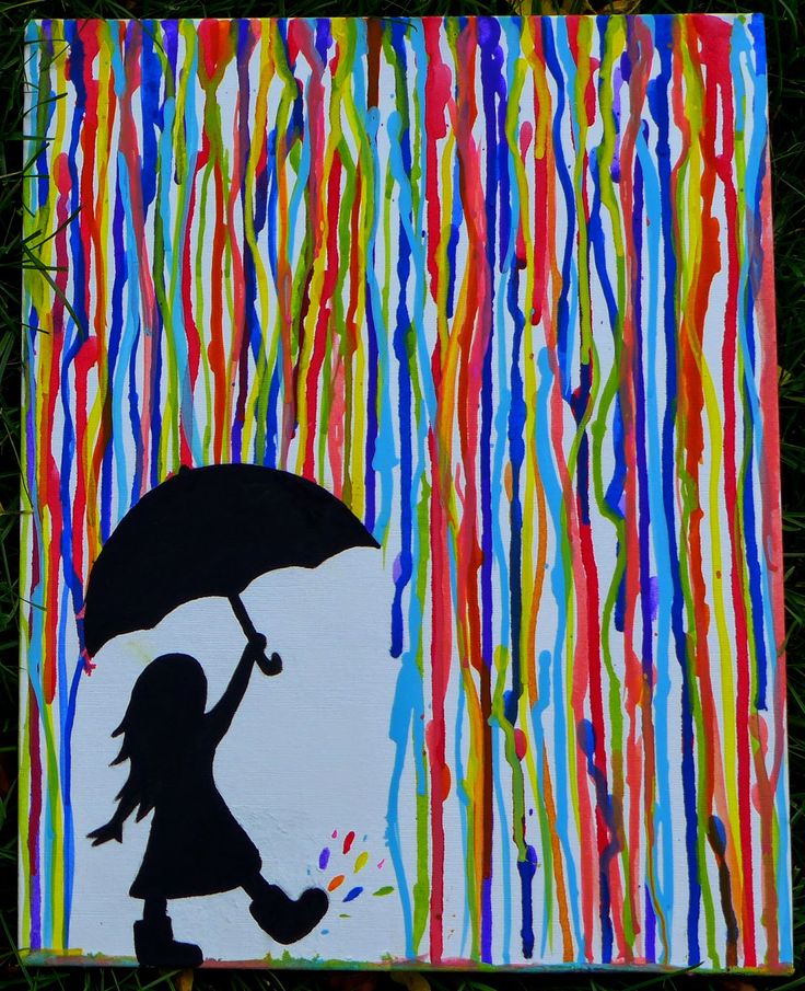 a painting of a girl holding an umbrella in the rain with multicolored streamers