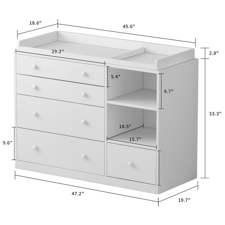 a white dresser with drawers and measurements for the top drawer, shown from front to back