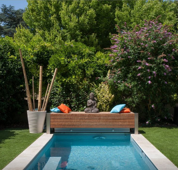 a small swimming pool in the middle of a garden with trees and bushes behind it