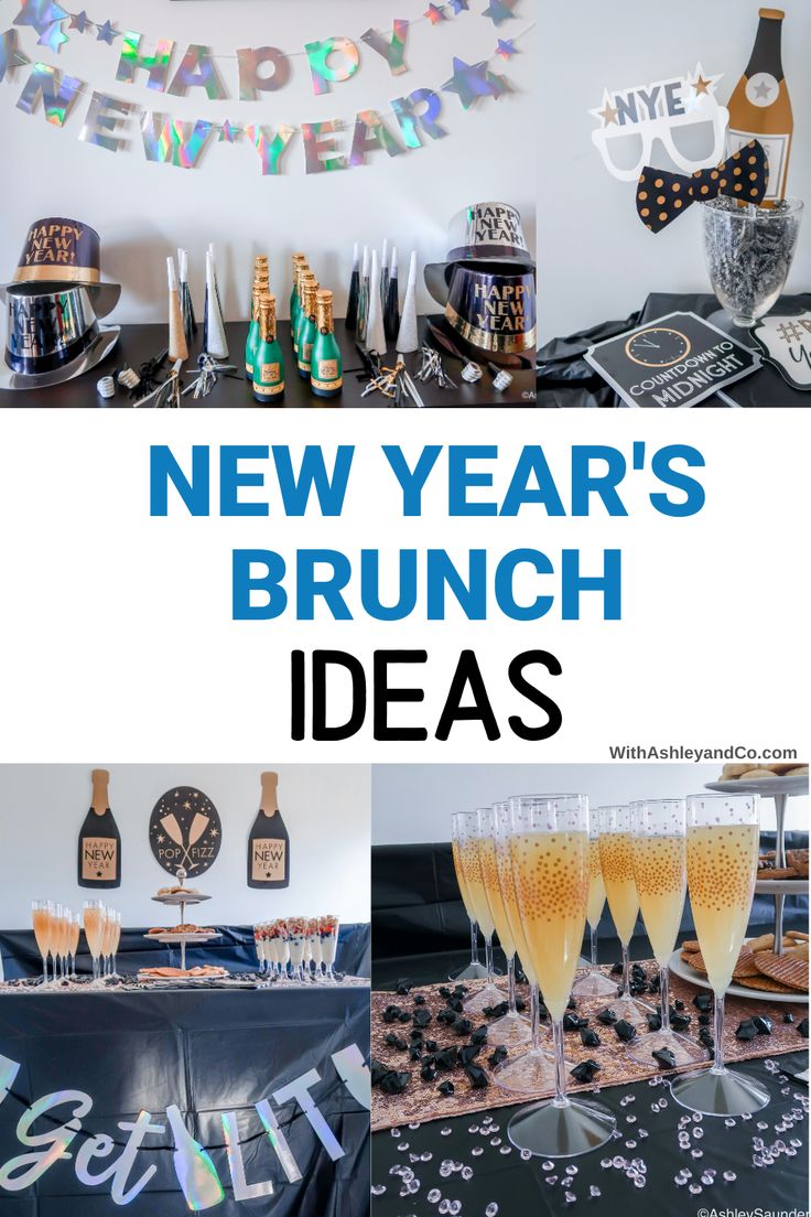 new year's brunch party with champagne glasses and confetti on the table