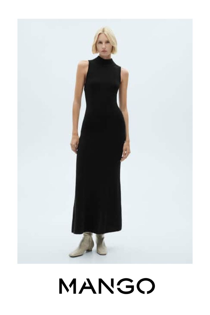 Take advantage of the best discount of the year with Black Friday, High collar, Sleeveless, Back neckline, Unclosed, Knitted fabric, Fitted design, Long design, The model is 1.79 tall and is wearing a size 36 Knitted Dress, Wide Straps, High Collar, Knit Dress, Black Friday, Knitted Fabric, Mango, Black Dress, Slim Fit