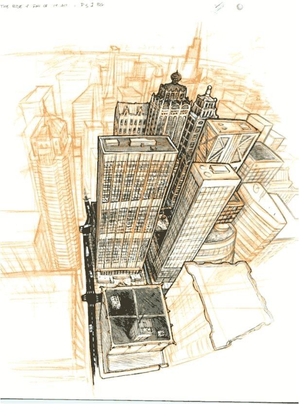 a drawing of a city with tall buildings