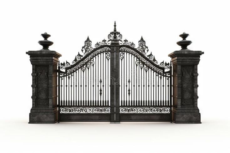 Gate with wrought iron fence and pillars on white background. Generative AI royalty free stock photography Victorian Gate, Things Reference, Autumn School, Wrought Iron Fence, Vector Technology, Cathedral Architecture, Wrought Iron Fences, Front Gate, Front Gates