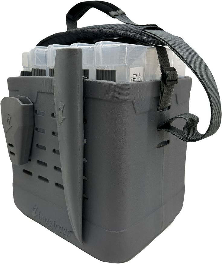 a gray cooler bag with plastic containers in the bottom and straps around it's handles