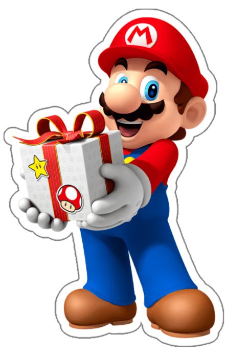 an image of mario holding a gift box