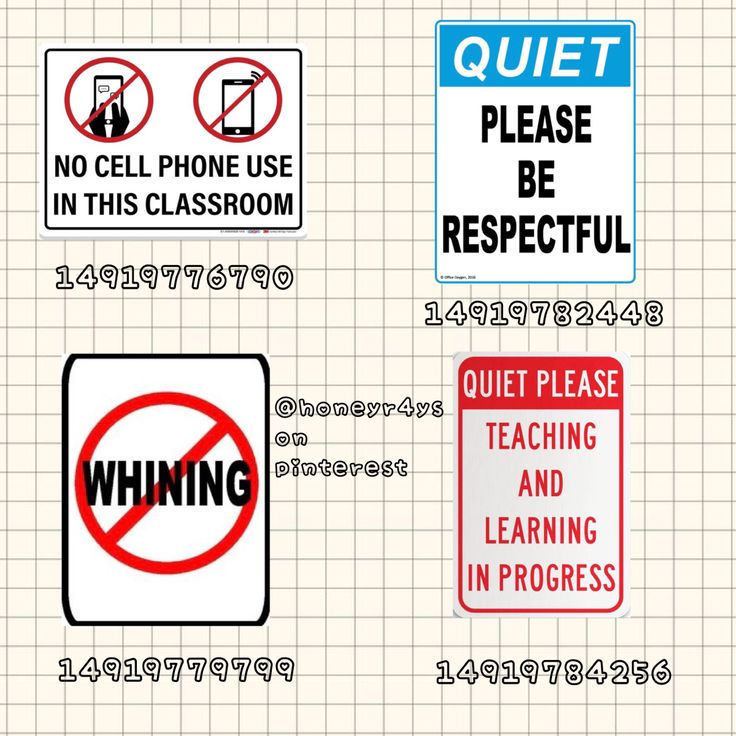 four different types of warning signs on a piece of paper that says no cell phone in this classroom