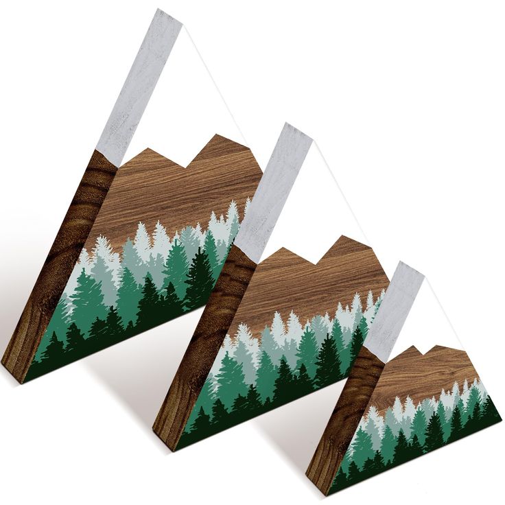 three pieces of wood with trees and mountains painted on the top one is white, the other is green