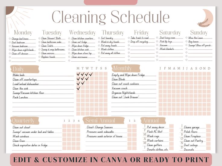 a printable cleaning schedule with the words diy and customize in can or ready to