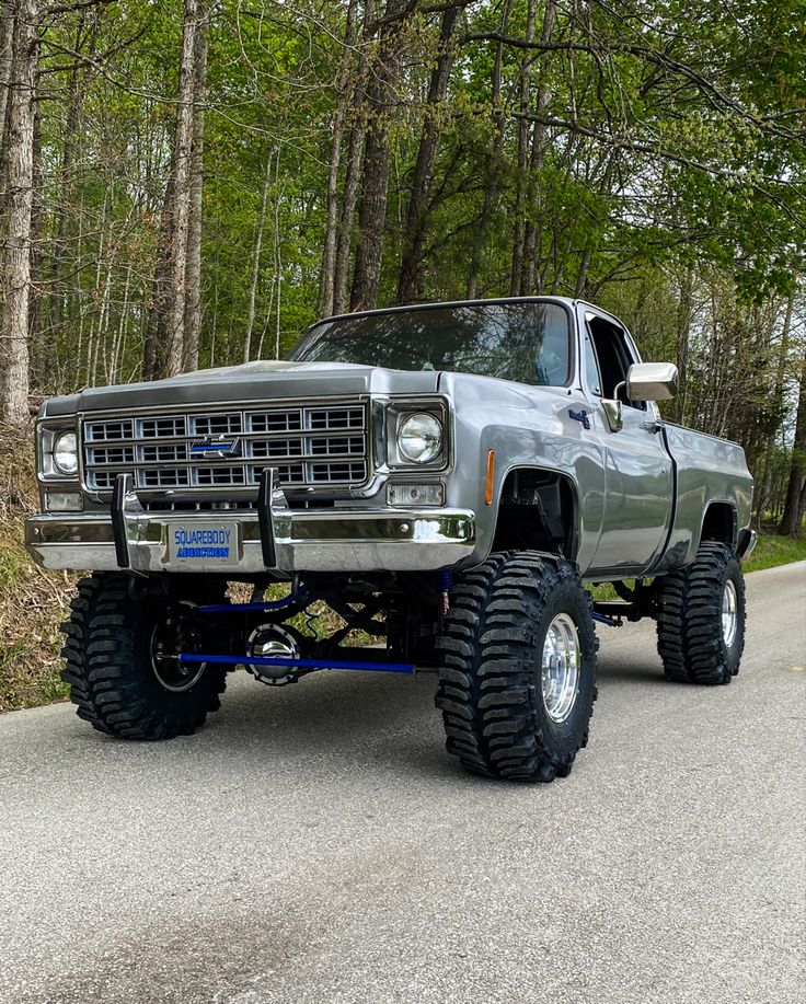 a large gray truck parked on the side of a road in front of some trees