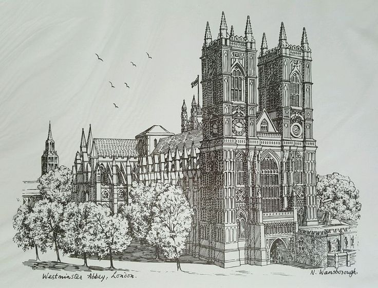 a drawing of a cathedral with trees and birds flying around