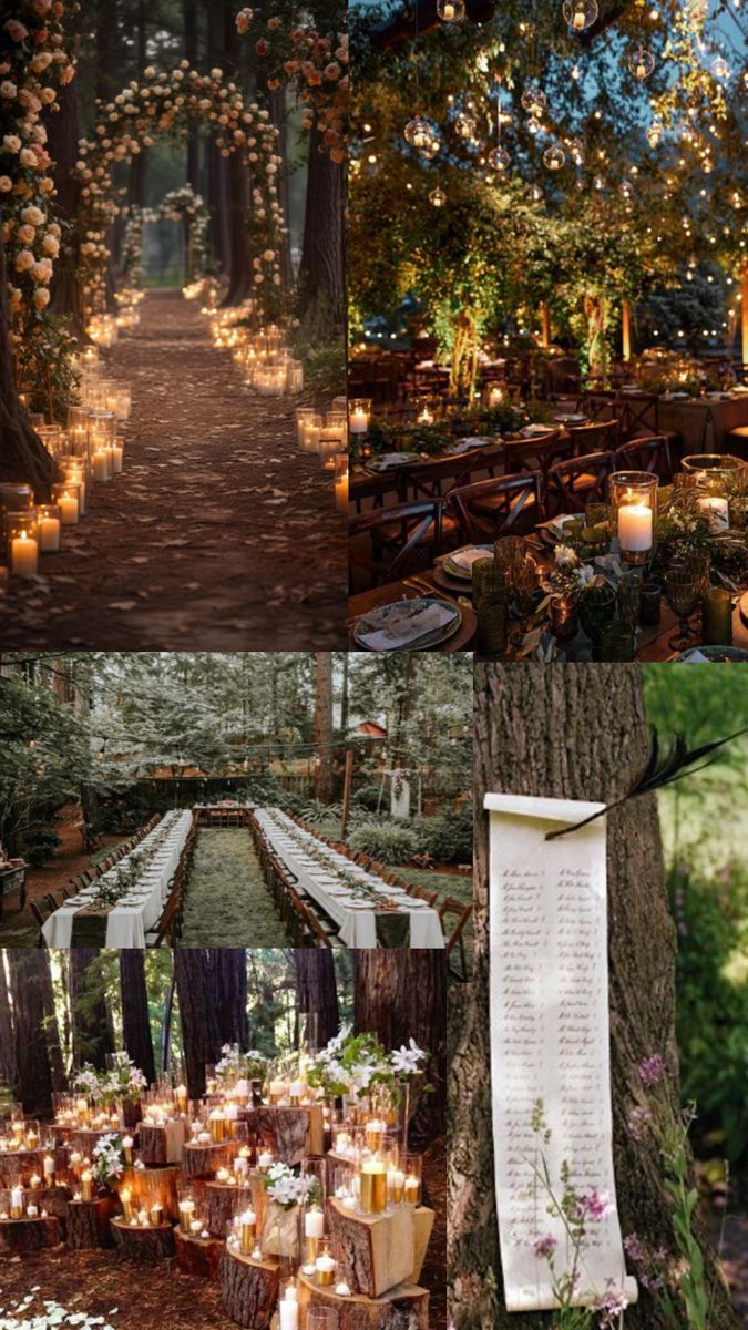 a collage of photos with candles, flowers and trees in the background at an outdoor wedding