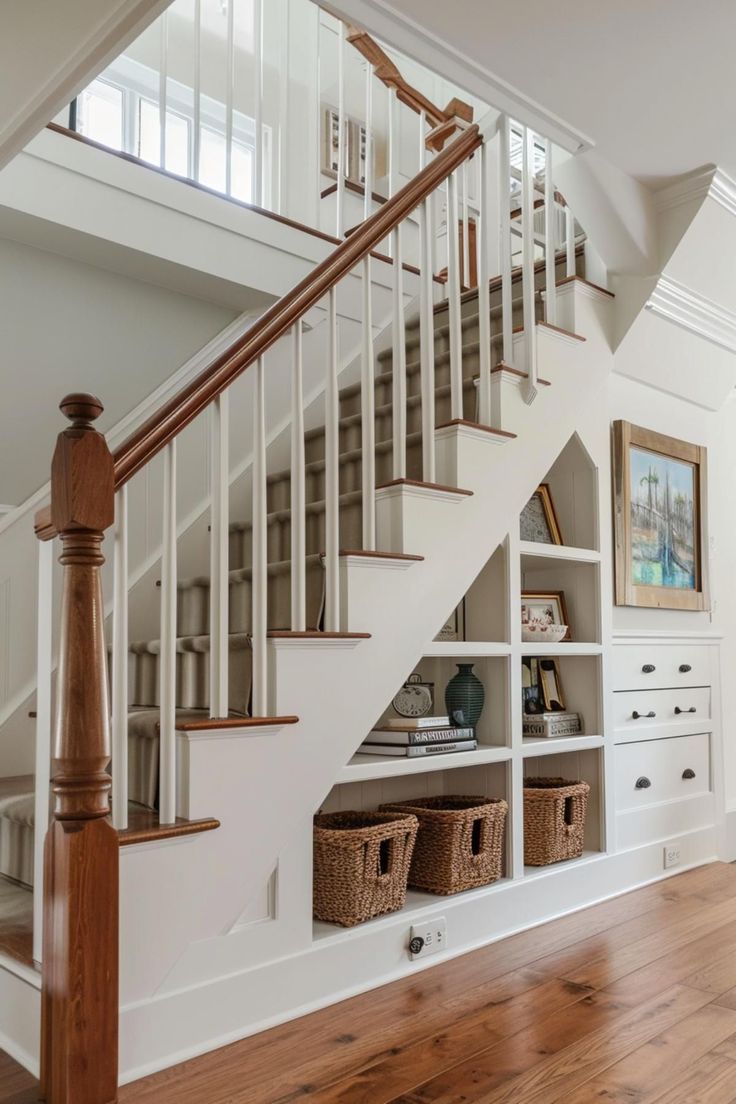 a white staircase with baskets under the banister