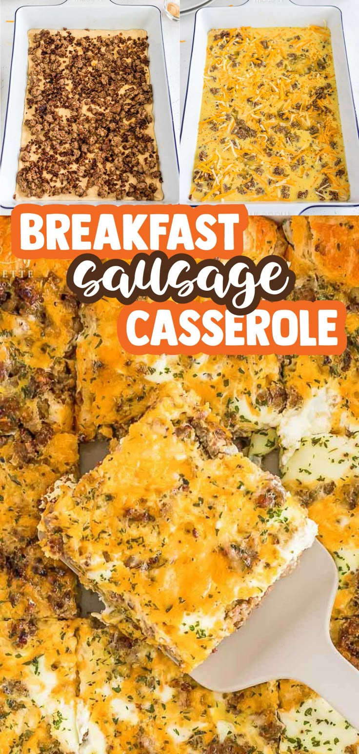 breakfast sausage casserole is shown in four different pans with the title above it