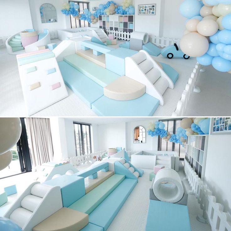 two pictures of a living room with balloons in the air and furniture on the floor